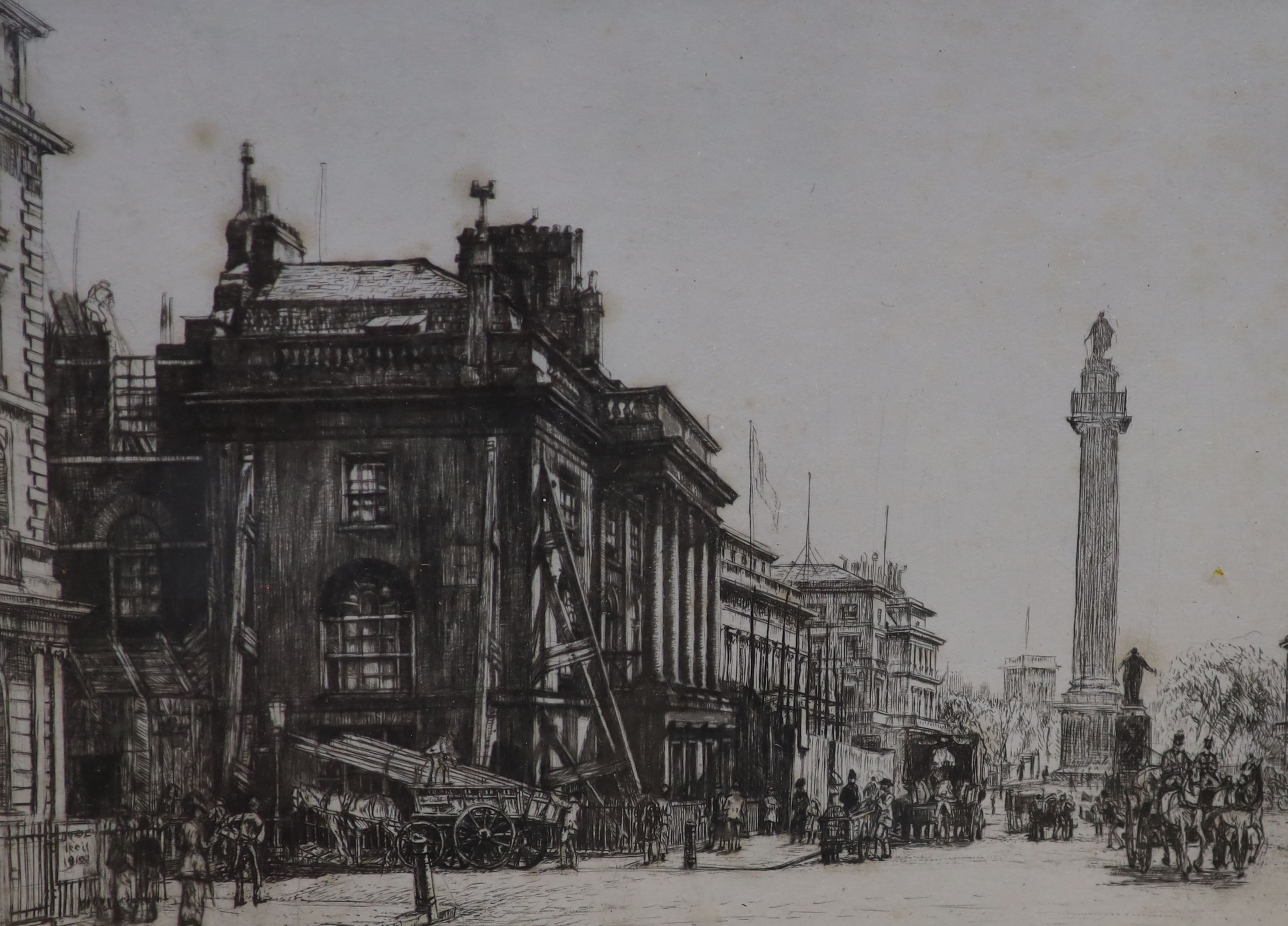 Francis Dodd (1874-1949), etching, Duke of York's Column, Waterloo Place /Lower Regent Street and Bank of Montreal, signed in pencil, 16 x 23cm